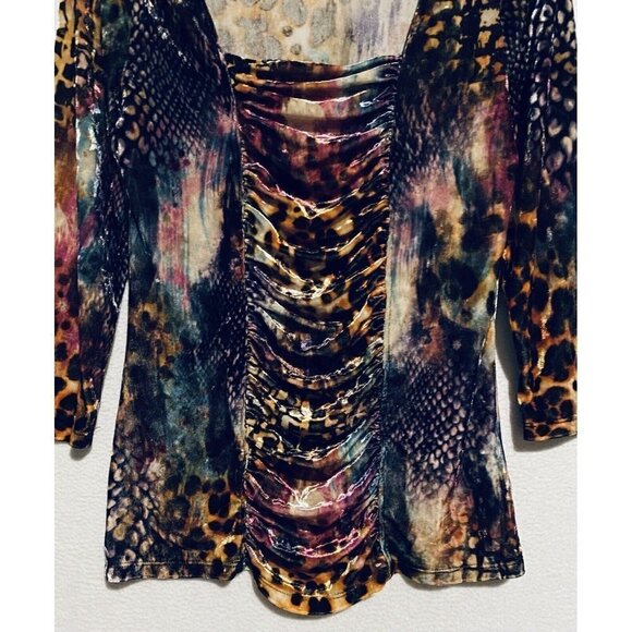 Boston Proper Top Womens Medium Multicolor Animal Print Velvet Ruched Y2K Boho - Picture 2 of 8